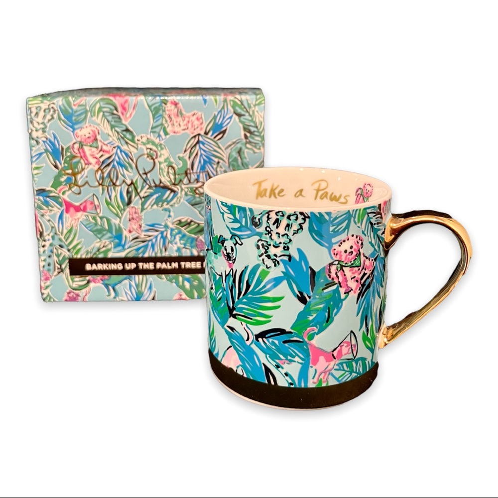 Lilly Pulitzer Coffee Mug Barking Up The Palm Tree Blue Gold Handle New in Box